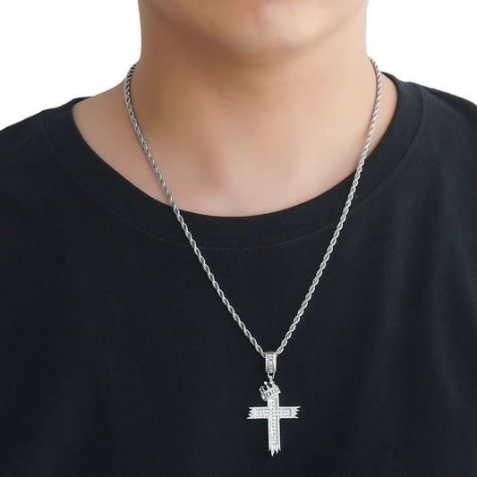 Hip Hop Vintage Cross Crown Copper Pendant Necklace for Men and Women