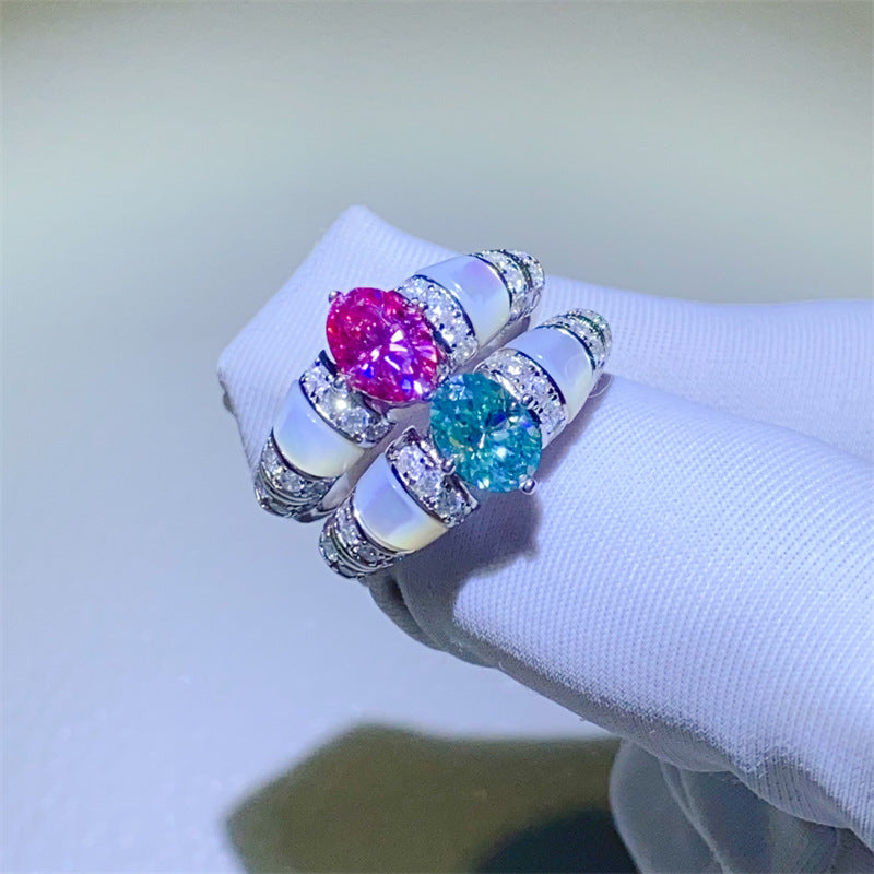 Pear Shape Moissanite Ring for Women with Pavé Accent Band, Pink or Mint Stone, Halo Style Promise Engagement Ring product image