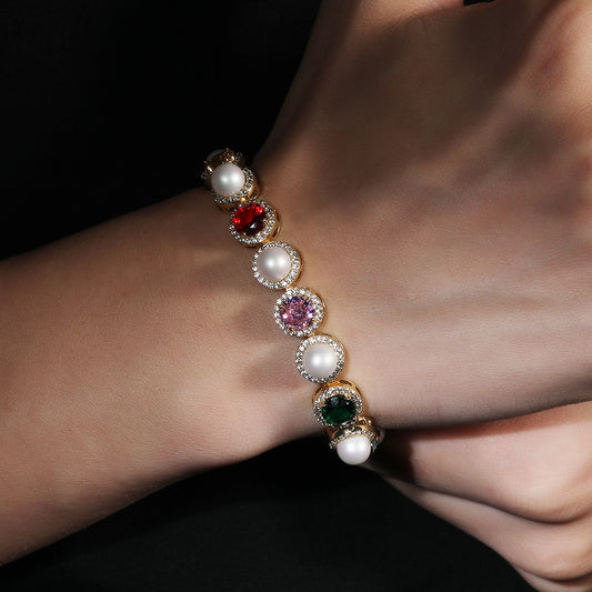Unisex Pearl & Multicolor Crystal Chain Necklace and Bracelet Set in Gold or Silver Tone