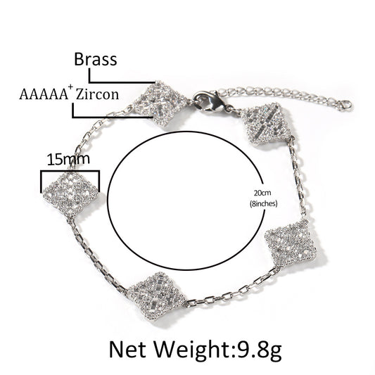 Unisex Square Crystal Chain Bracelet in Silver, Gold & Rose Gold