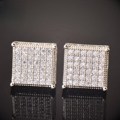 Square Iced Out Stud Earrings for Men Unisex Hip Hop Style