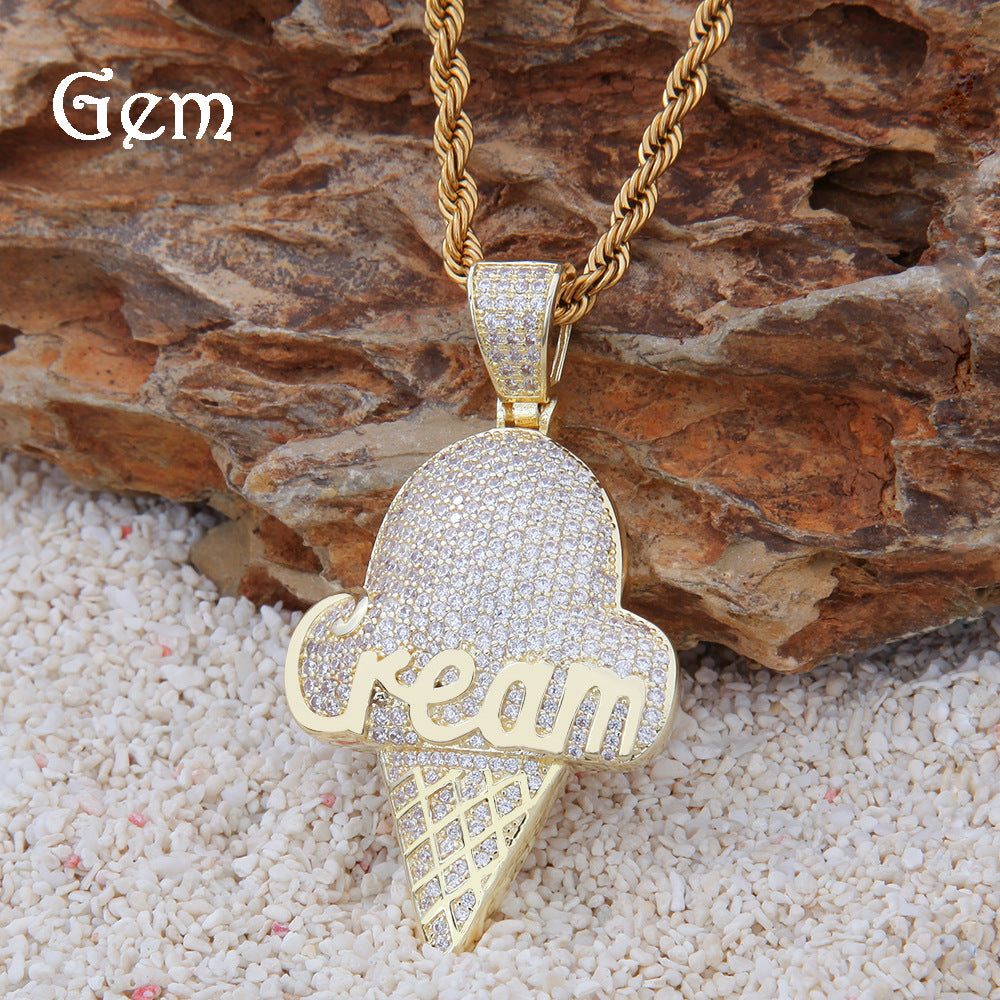 Iced Ice Cream Pendant Necklace with Cubic Zirconia Rope Chain for Women & Men