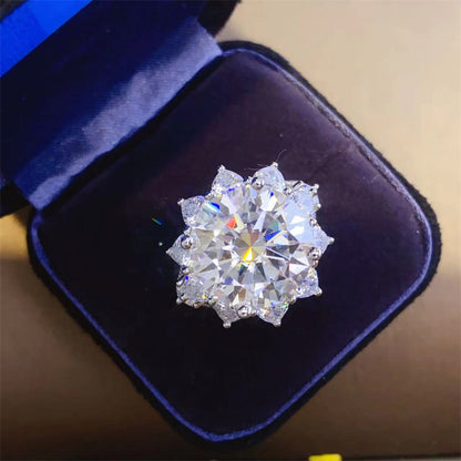 Moissanite Halo Ring for Women, 3 Carat or 10 Carat Flower Cluster Engagement Ring, White-Tone U-Shaped Band
