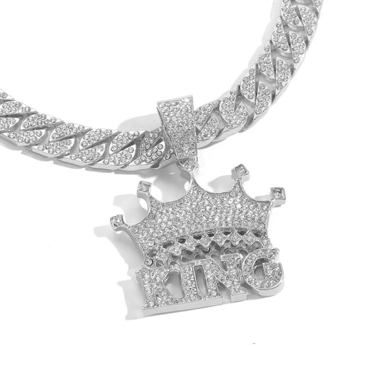 Hip Hop Crown Letter Cuban Link Alloy Pendant Necklace for Men and Women