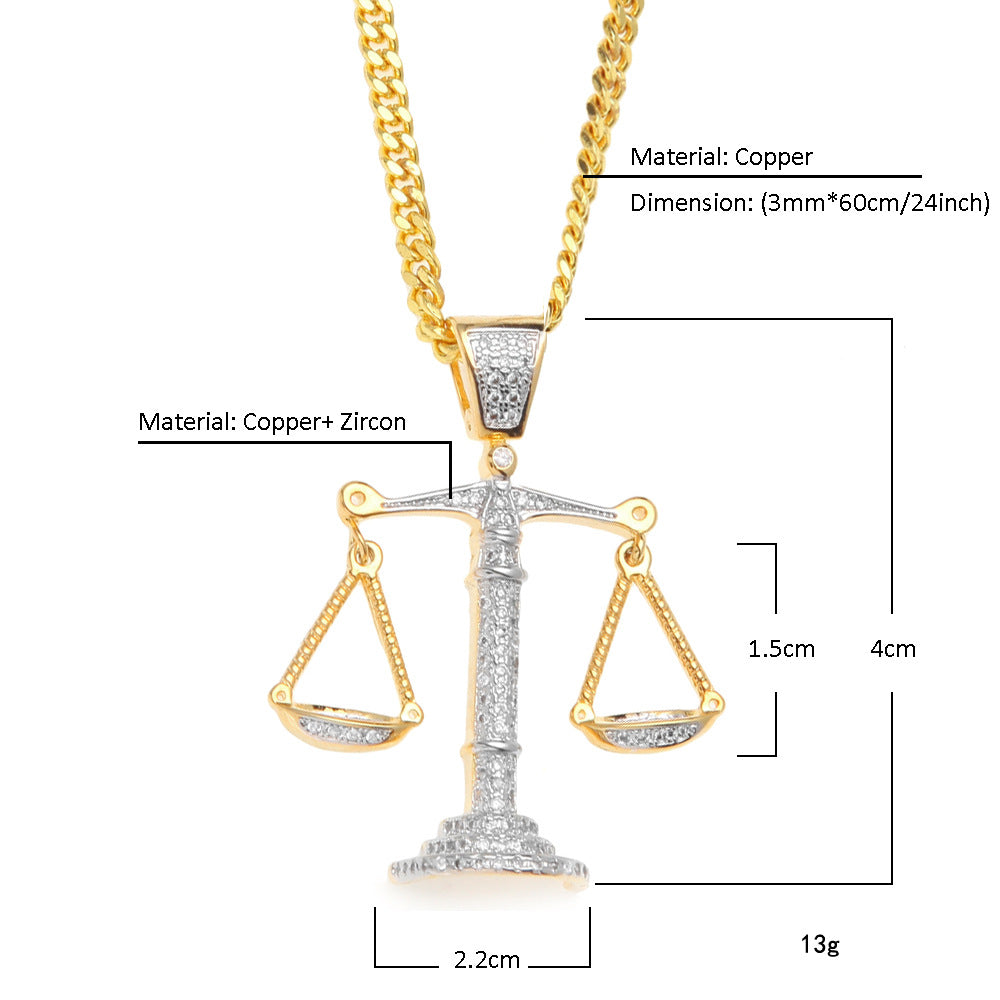 Libra Scales Pendant Necklace with Cuban Chain - Gold, Silver or Two-Tone Cubic Zirconia Statement Necklace for Women & Men