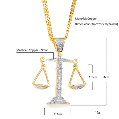 Libra Scales Pendant Necklace with Cuban Chain - Gold, Silver or Two-Tone Cubic Zirconia Statement Necklace for Women & Men