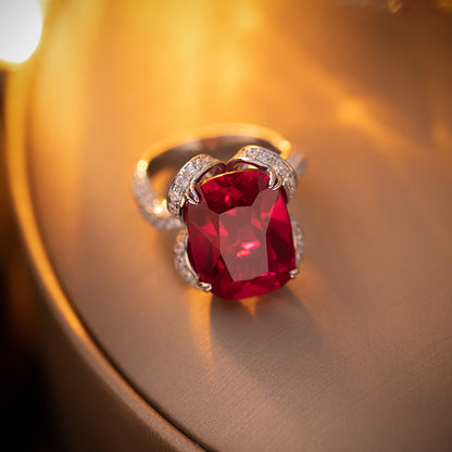 Lab-Created Ruby Cushion Halo Ring, S925 Silver 18K Gold Plated Statement Ring