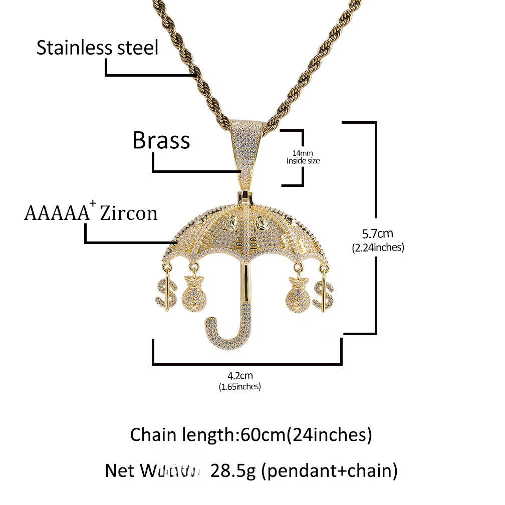 Iced Umbrella Pendant Necklace for Women – Cubic Zirconia Hip Hop Statement Chain in Gold or Silver Tone, 24 Inch Twisted Rope Chain