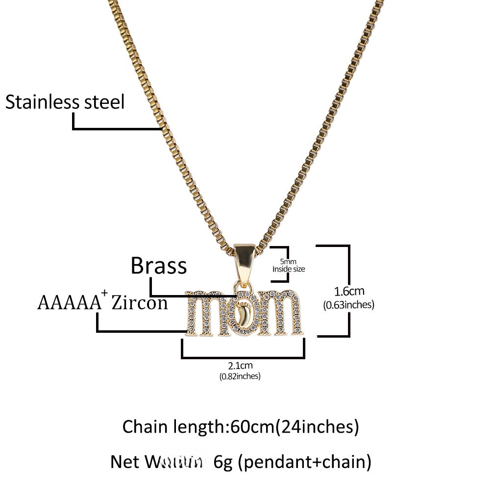 Personalized Mom Letter Pendant Necklace with Cubic Zirconia on 24 Inch Cuban Chain for Women
