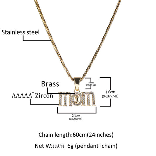Personalized Mom Letter Pendant Necklace with Cubic Zirconia on 24 Inch Cuban Chain for Women