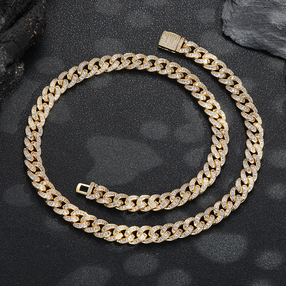 10mm Iced Cuban Link Chain Necklace, Zirconia-Set, Unisex Hip Hop Jewelry, White and Yellow Tone