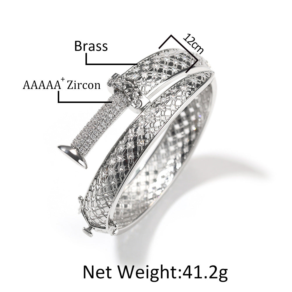 Elegant Cubic Zirconia Line Pattern Copper Bangle Bracelet for Women