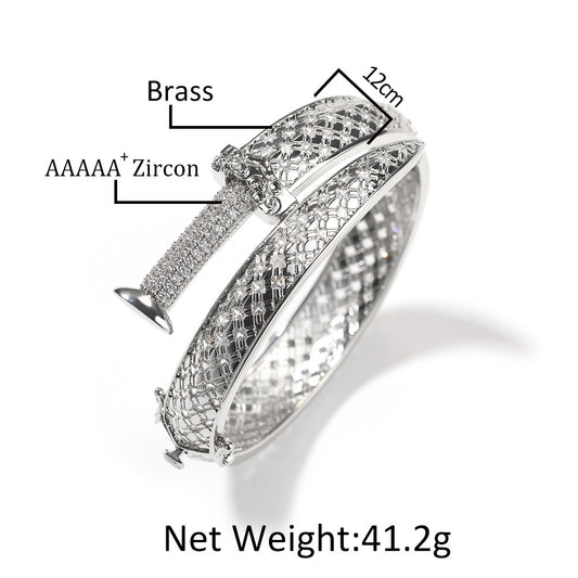 Elegant Cubic Zirconia Line Pattern Copper Bangle Bracelet for Women