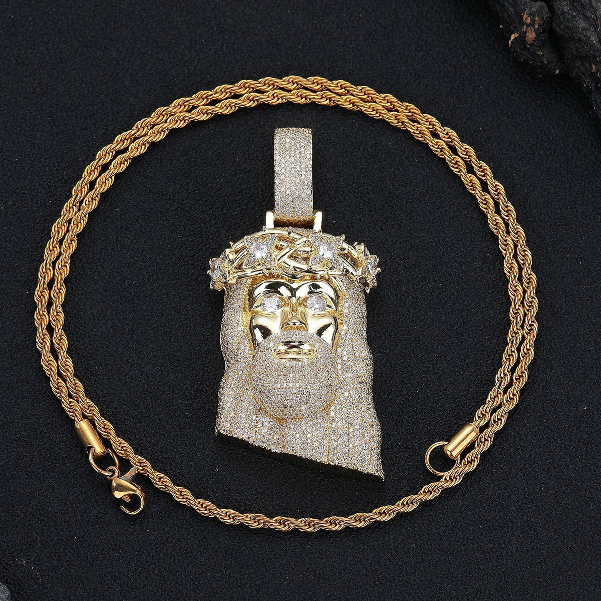 Jeweled Cartoon Face Pendant Necklace, 3MM Twisted Rope Chain, Gold Tone / Silver Tone product image