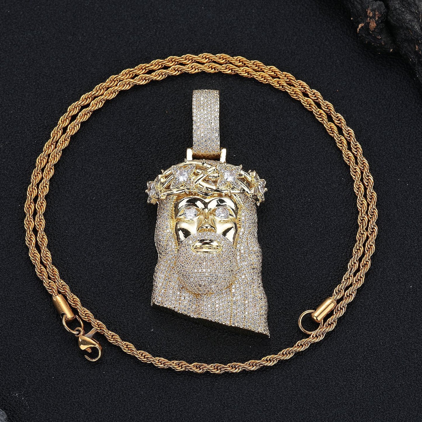 Jeweled Cartoon Face Pendant Necklace, 3MM Twisted Rope Chain, Gold Tone / Silver Tone