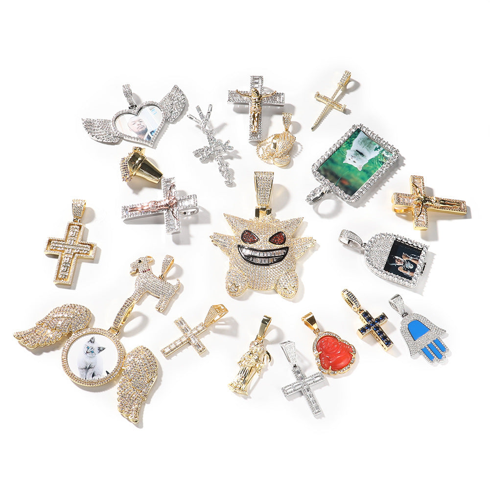 Iced Cubic Zirconia Pendant Necklace for Women – Gold & Silver Plated Statement Chain with Cross, Photo Locket, Fatima Hand, Goat, Ice Cream & Geometric Charms