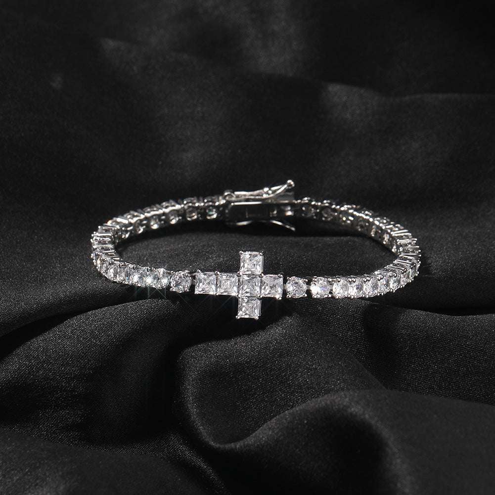 Men’s Silver Plated Cubic Zirconia Cross Chain Necklace Bracelet Set, 4MM Statement Pendant Jewelry