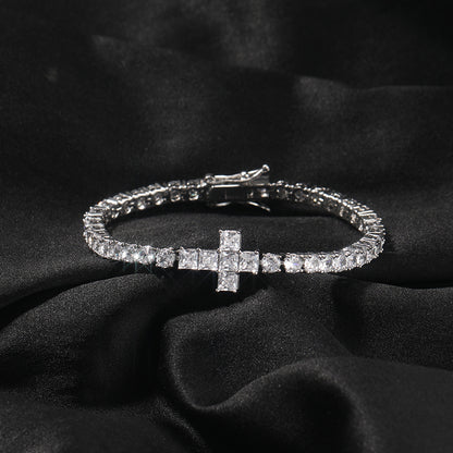 Men’s Silver Plated Cubic Zirconia Cross Chain Necklace Bracelet Set, 4MM Statement Pendant Jewelry