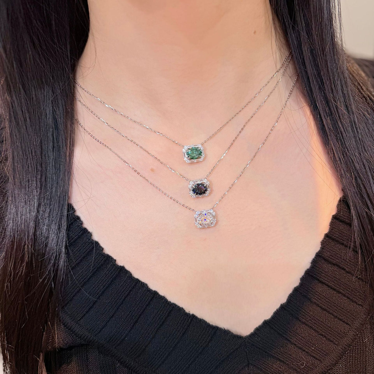 2 Carat Moissanite Pendant Necklace, S925 Silver Snake Chain Halo Pendant, Clear Green Blue product image