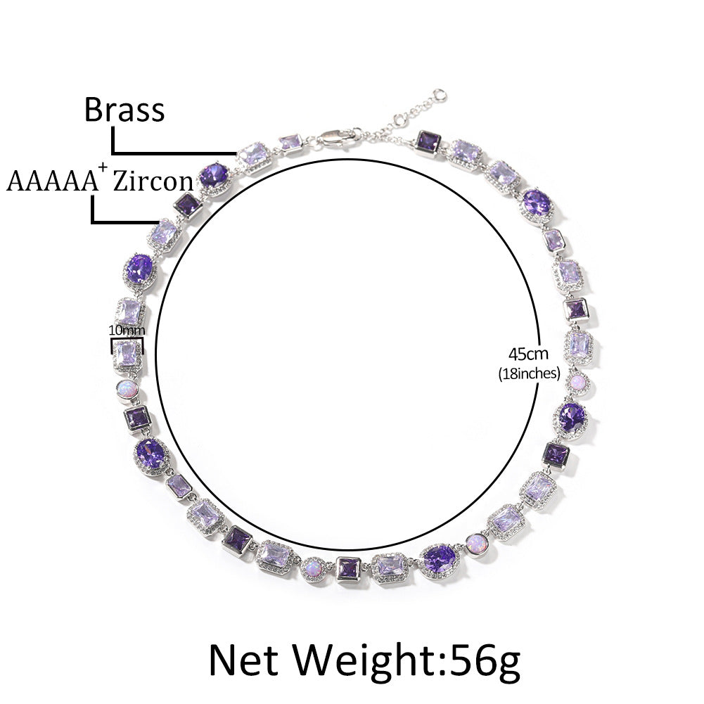 Purple Crystal Geometric Chain Necklace & Bracelet Set for Women and Men, Silver Plated Statement Pendant Jewelry product image
