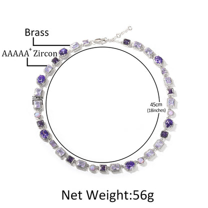 Purple Crystal Geometric Chain Necklace & Bracelet Set for Women and Men, Silver Plated Statement Pendant Jewelry