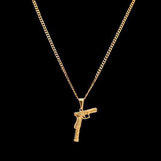 Stainless Steel Pistol Pendant Necklace for Women & Men - Gold Plated or Silver Plated 24 Inch Cuban Chain Statement Jewelry