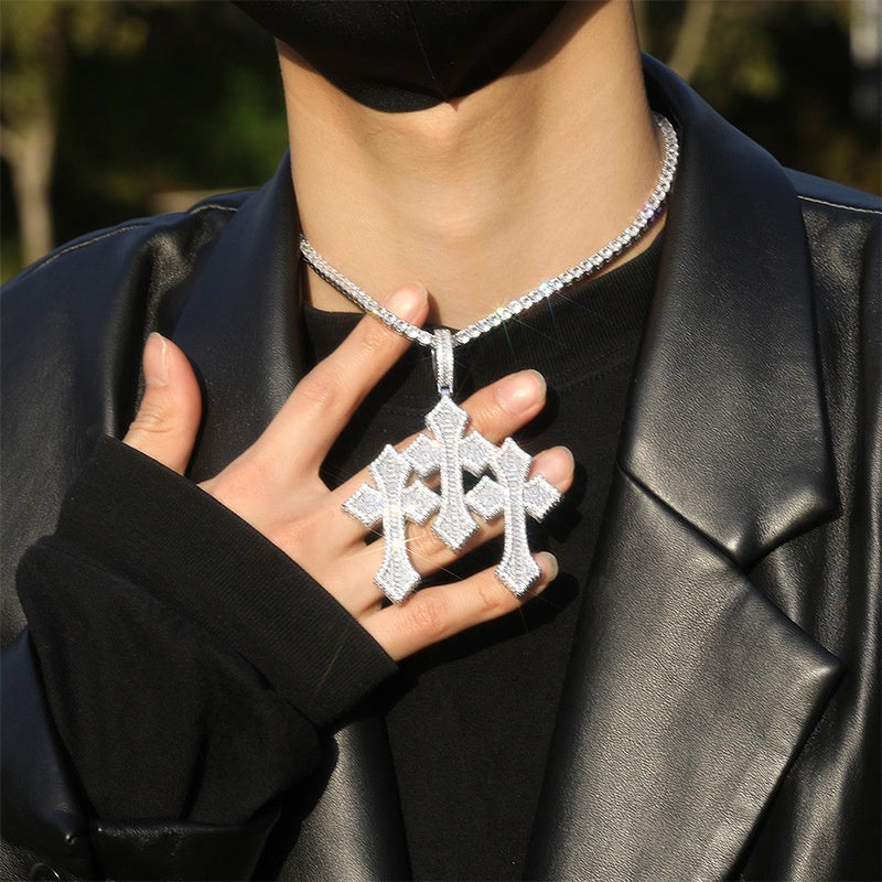 Iced Out Cross Pendant Necklace with Cubic Zirconia Twist Chain - Hip Hop Statement Necklace for Women & Men