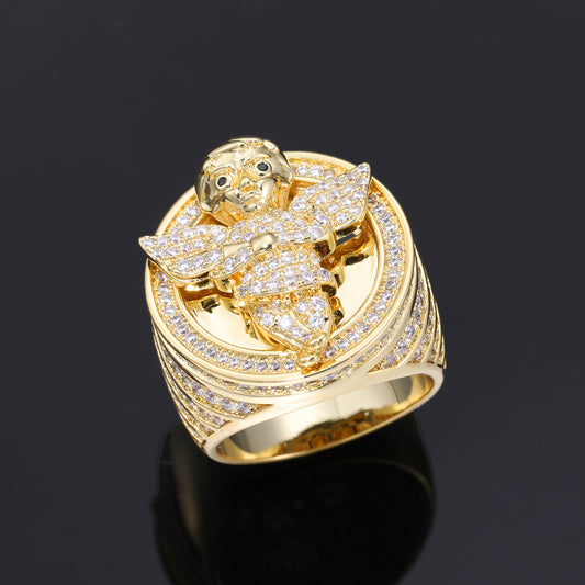 Angel Signet Ring for Men with Zircon Stone Pavé, Hip Hop Geometric Circle Ring, Gold Tone or White Tone, Sizes 7 8 9 10 alternate product image