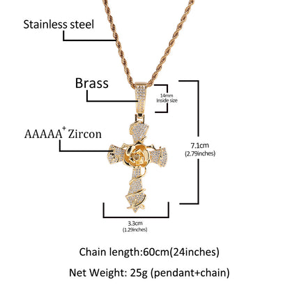 Rose Cross Pendant Necklace with Cubic Zirconia Twist Chain for Women