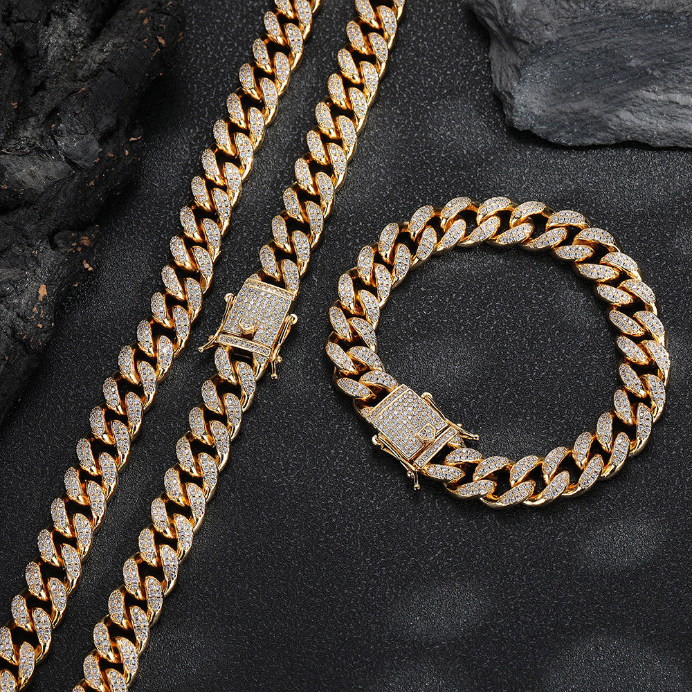 12mm Iced Out Cuban Link Chain Necklace & Bracelet, Pavé CZ Hip Hop Jewelry