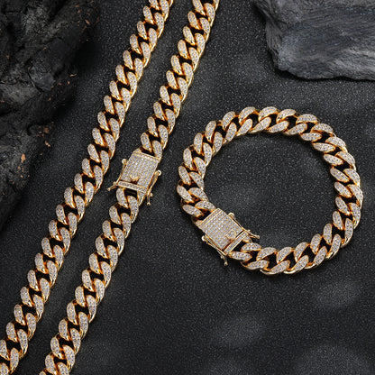 12mm Iced Out Cuban Link Chain Necklace & Bracelet, Pavé CZ Hip Hop Jewelry