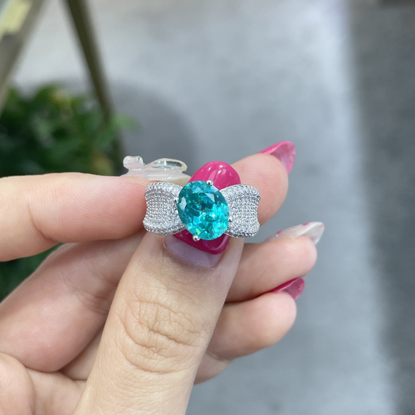 3 Carat Oval Blue-Green Ring with Wide Sparkling Band product image