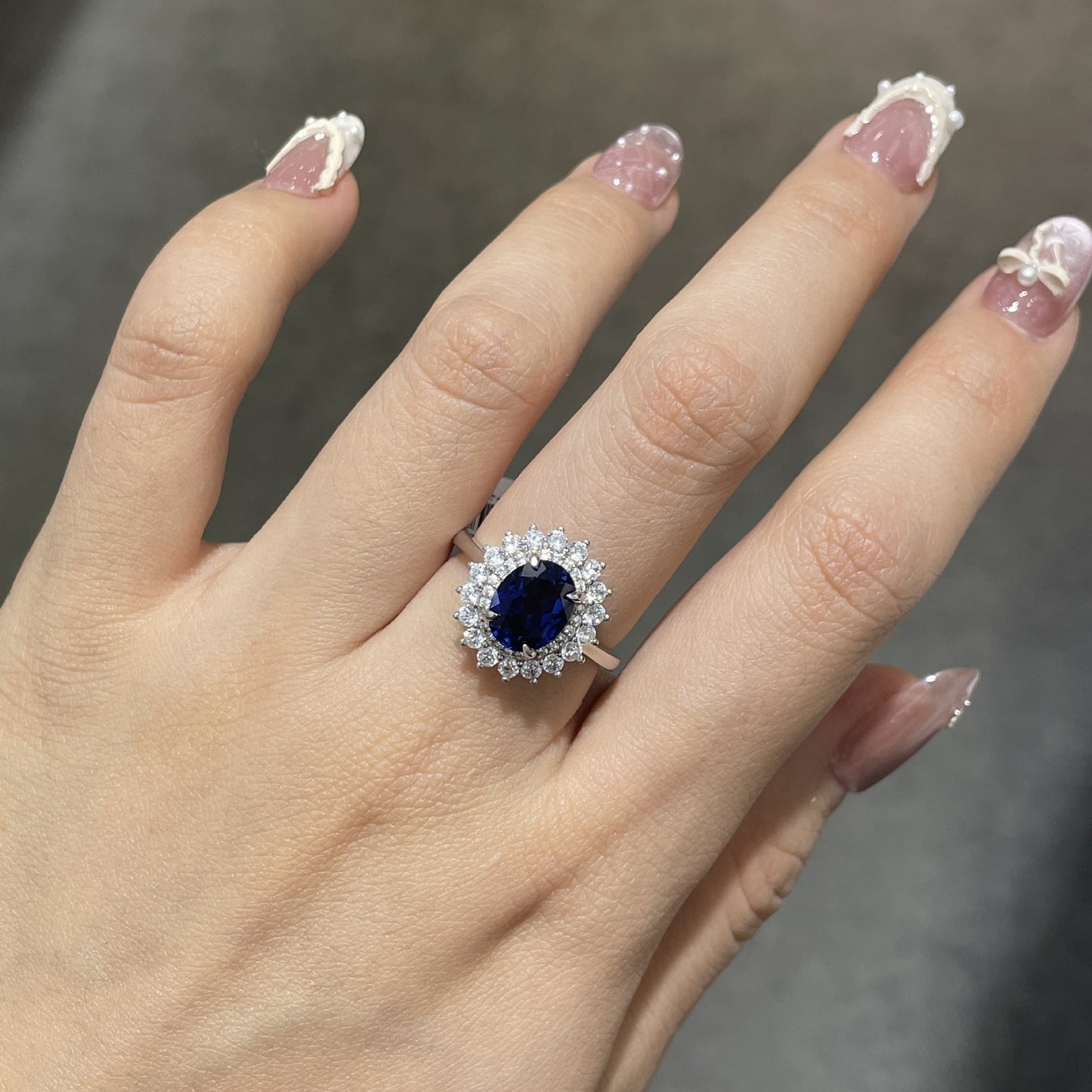 Royal Blue Oval Gemstone Jewelry Set for Women, Ring Earrings Pendant Necklace, Vintage Halo Style product image