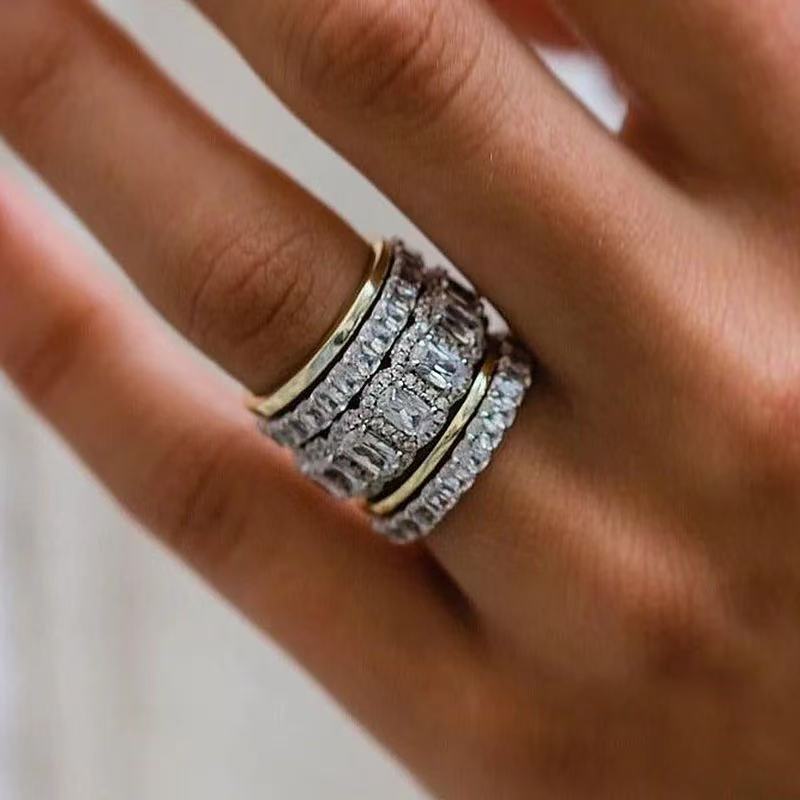 Men’s 5-Piece Statement Ring Set with Cubic Zirconia, Gold Plated & Silver Tone Stackable Band Rings