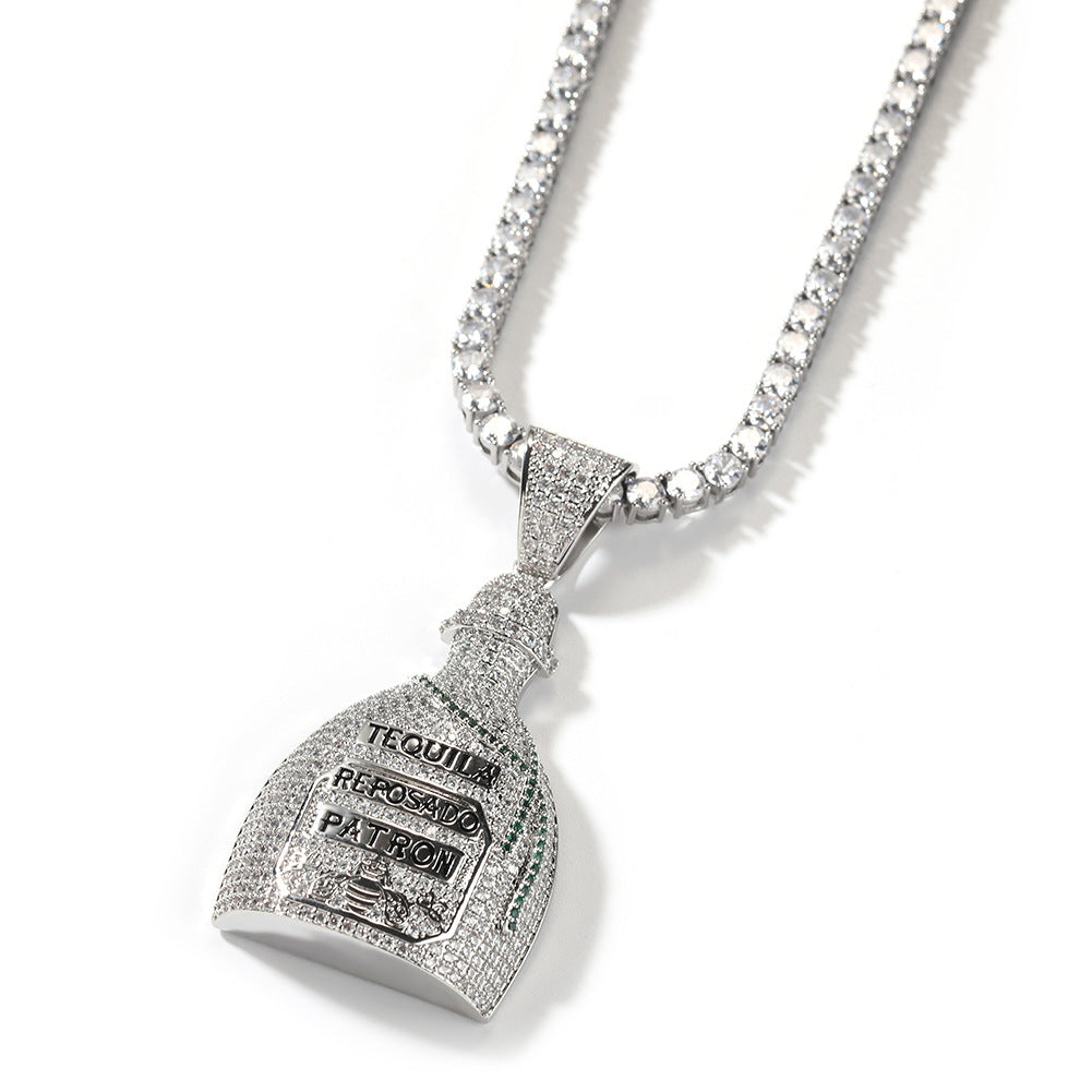 Unisex Iced Bottle Pendant Necklace with Cubic Zirconia Twisted Chain, Gold Plated or Silver Plated Statement Jewelry product image