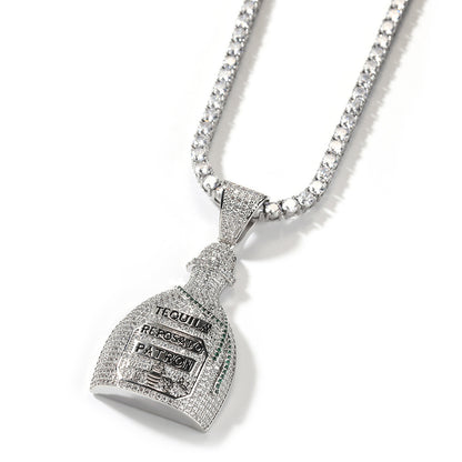 Unisex Iced Bottle Pendant Necklace with Cubic Zirconia Twisted Chain, Gold Plated or Silver Plated Statement Jewelry