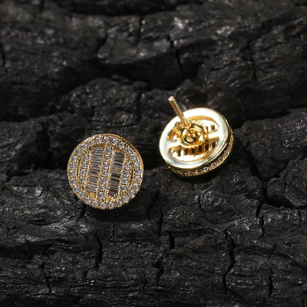 Unisex Round Cubic Zirconia Stud Earrings in Gold or Silver Tone Hip Hop Statement Jewelry