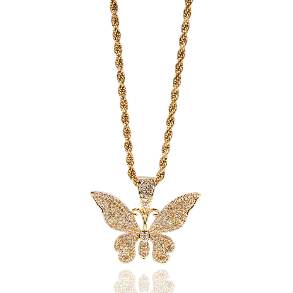 Iced Butterfly Pendant Necklace with Cuban or Rope Chain - Cubic Zirconia Statement Chain for Women and Men