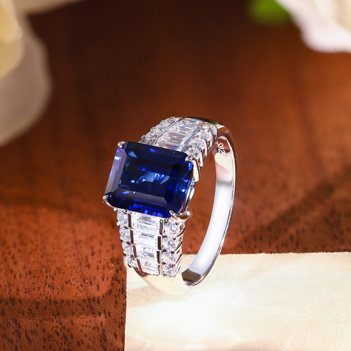Lab-Grown Sapphire Ring for Women, Emerald Cut 4 Carat S925 Silver product image
