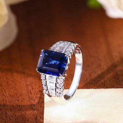 Lab-Grown Sapphire Ring for Women, Emerald Cut 4 Carat S925 Silver