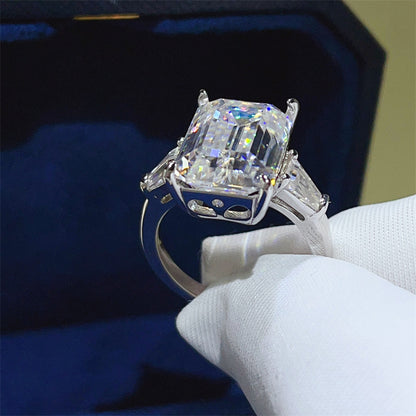 Emerald Cut Moissanite Engagement Ring for Women, Geometric Solitaire Ring with Side Stones