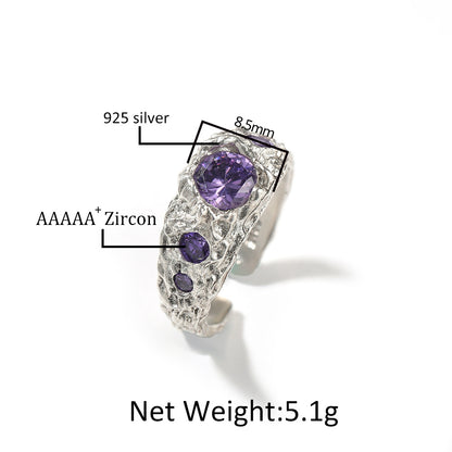 Men’s Irregular Silver Ring with Purple Cubic Zirconia – Hip Hop Statement Open Band
