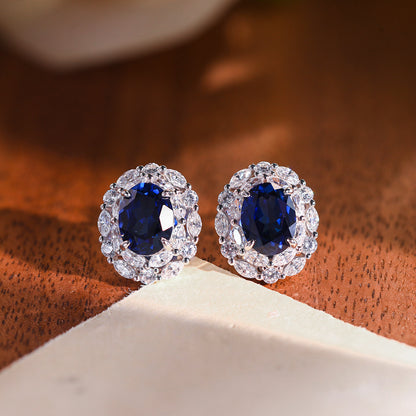 925 Silver Royal Blue Oval Halo Necklace Set with Stud Earrings and Ring
