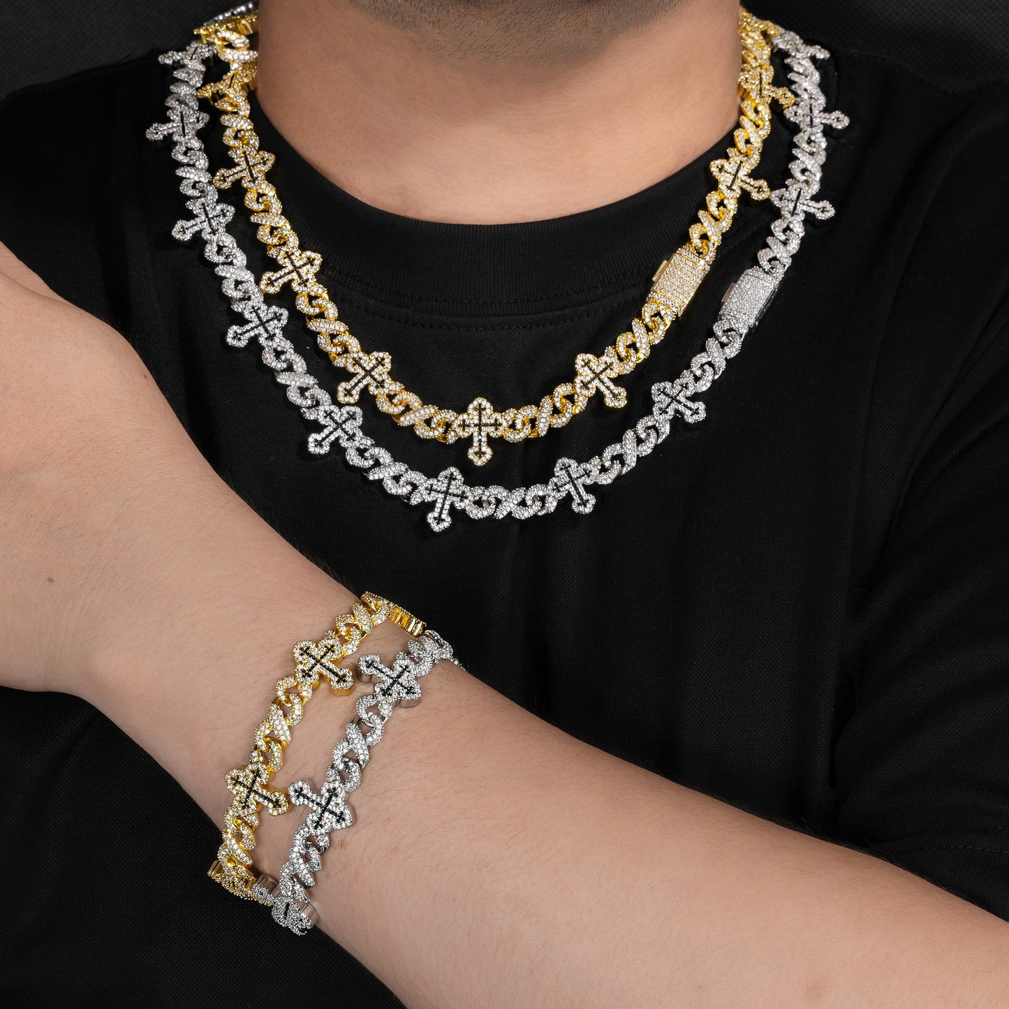 Iced Out Cross Cuban Link Chain Necklace & Bracelet, Zircon Hip Hop Jewelry