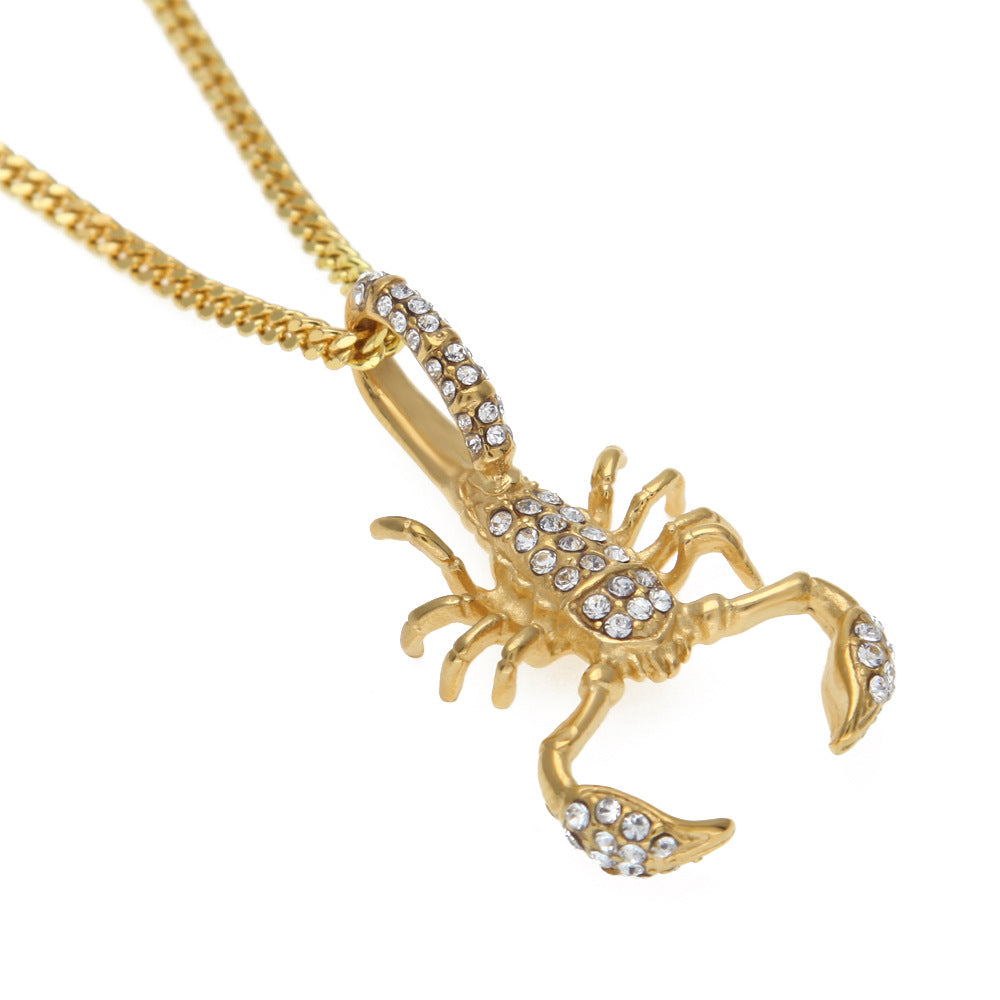 Gold Tone Scorpion Pendant Necklace with Cubic Zirconia Stainless Steel Cuban Chain for Women and Men
