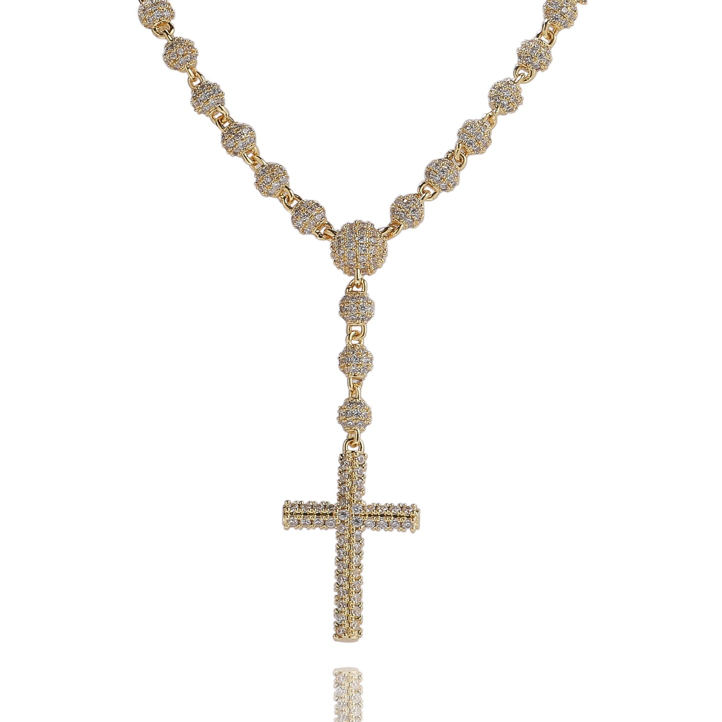 Iced Cross Pendant Necklace for Women – Gold or Silver Beaded Chain Statement Necklace 16in/18in