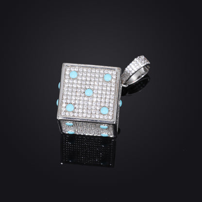 Hip Hop Dice Pendant Necklace, Geometric Zircon Rope Chain, White Tone