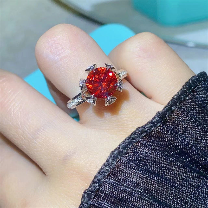 Red Moissanite Halo Ring for Women, Floral Pave Band Statement Ring, Gift Ring Sizes 8-20 product image
