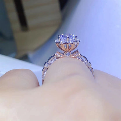 Moissanite Solitaire Ring with Pavé Band and Heart Basket Accent