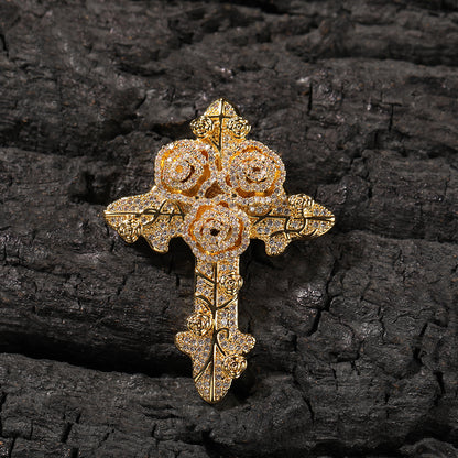Vintage Rose Cross Pendant Necklace with Cubic Zirconia Twisted Chain for Women